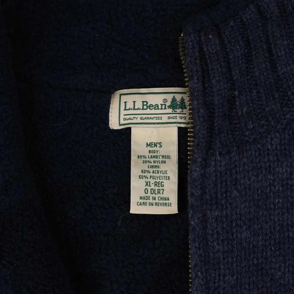 LL Bean Mens XL Lambswool Blend Full Zip Fleece Lined Sweater Vest Navy Blue
